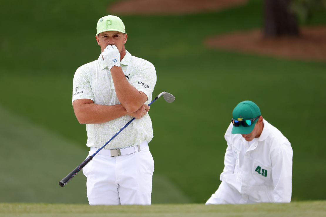 DeChambeau looks on from the seventh green during the second round of The Masters.