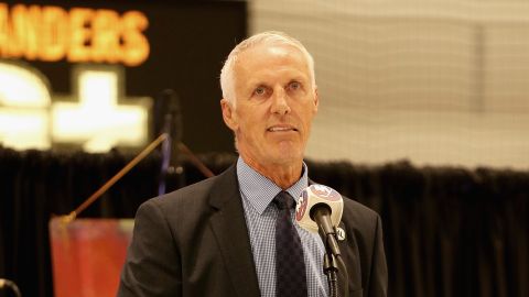 Mike Bossy addresses guests during the New York Islanders memorial service for Al Arbour on August 29, 2016 in East Meadow, New York.