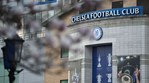 Chelsea's stadium Stamford Bridge is seen through trees in London.