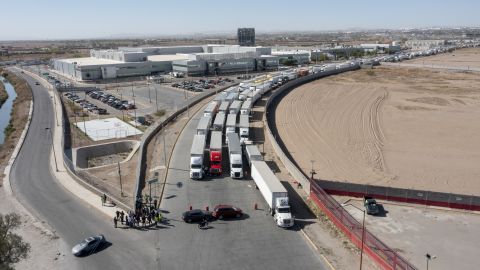 A long line of trucks is seen stalled at the Zaragoza International Bridge, one of two ports of entry in Ciudad Juarez going into the US on April 12th.