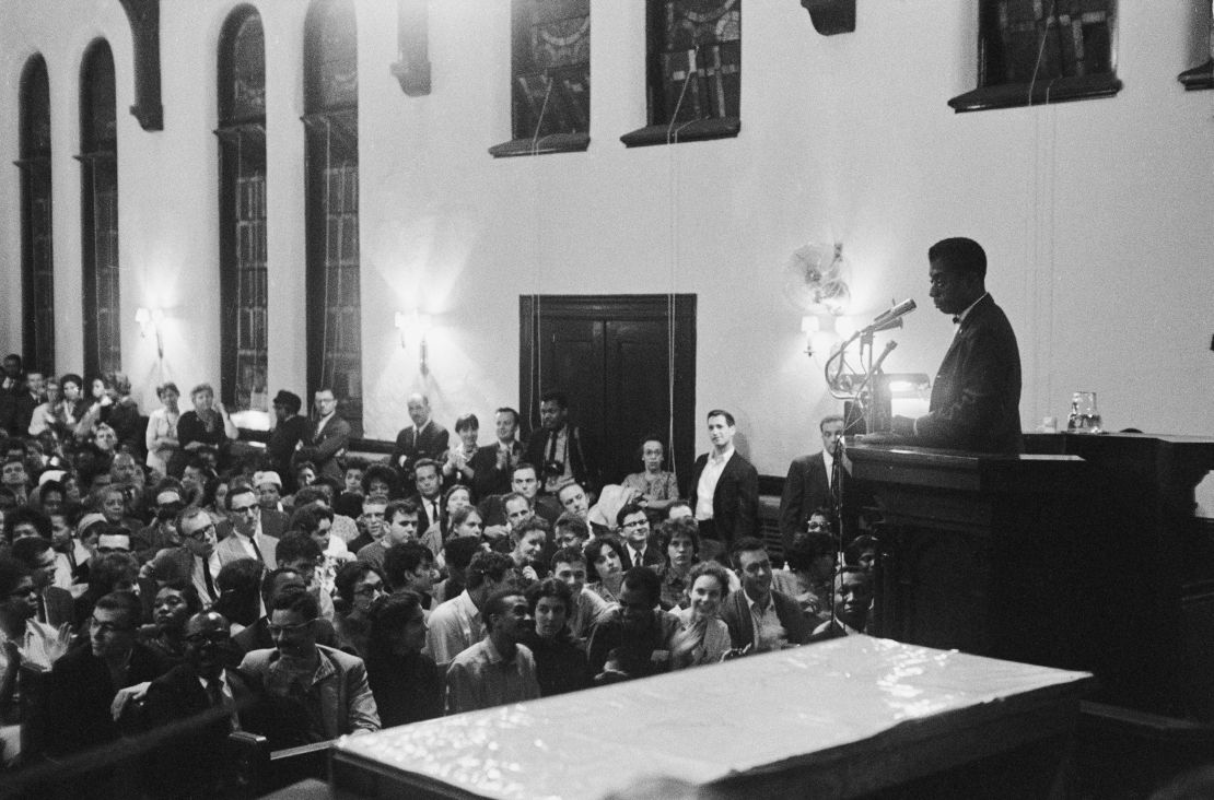 James Baldwin (1924 -- 1987) addresses an audience in a church, USA, October 1963.  (Photo by Mario Jorrin/Pix/Michael Ochs Archives/Getty Images)