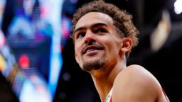 Trae Young #11 of the Atlanta Hawks reacts during the second half against the Cleveland Cavaliers at Rocket Mortgage Fieldhouse on April 15, 2022 in Cleveland, Ohio.  