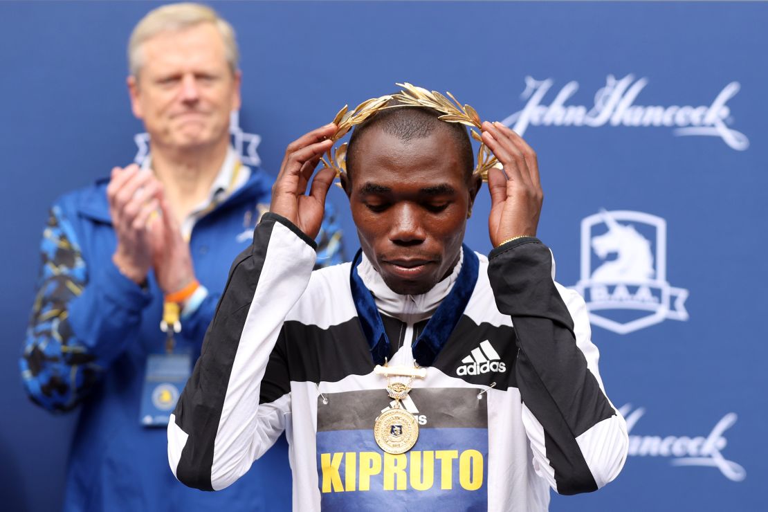 Benson Kipruto of Kenya reacts after winning the 125th Boston Marathon on October 11, 2021. 