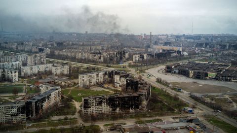 An aerial view taken on April 12, 2022, shows the city of Mariupol, where officials say up to 22,000 people may have died.