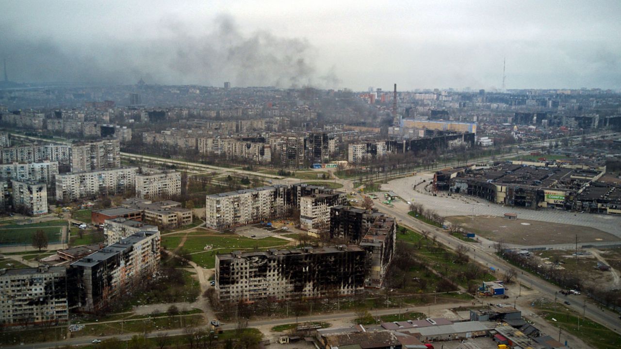 An aerial view taken on April 12, 2022, shows the city of Mariupol, during Russia's military invasion launched on Ukraine.