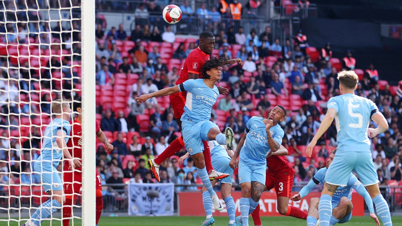 Konaté scoring the opening goal of the FA Cup semifinal.