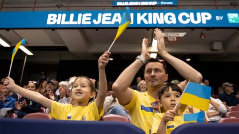 Ukraine fans cheer during the match between Dayana Yastremska and Alison Riske in the first round of the 2022 Billie Jean King Cup qualifier on April 15, 2022 in Asheville, North Carolina.