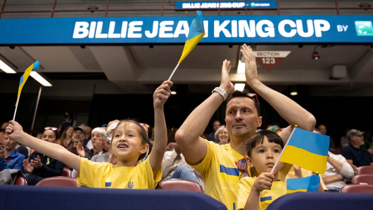 Ukraine fans cheer during the match between Dayana Yastremska and Alison Riske in the first round of the 2022 Billie Jean King Cup qualifier on April 15, 2022 in Asheville, North Carolina. 