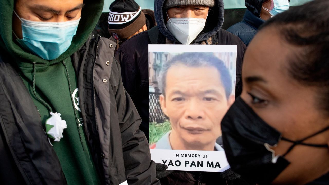 A press conference and memorial vigil is held for Yao Pan Mo on the street corner where he was beaten, January 21, 2022 in Harlem, New York City.