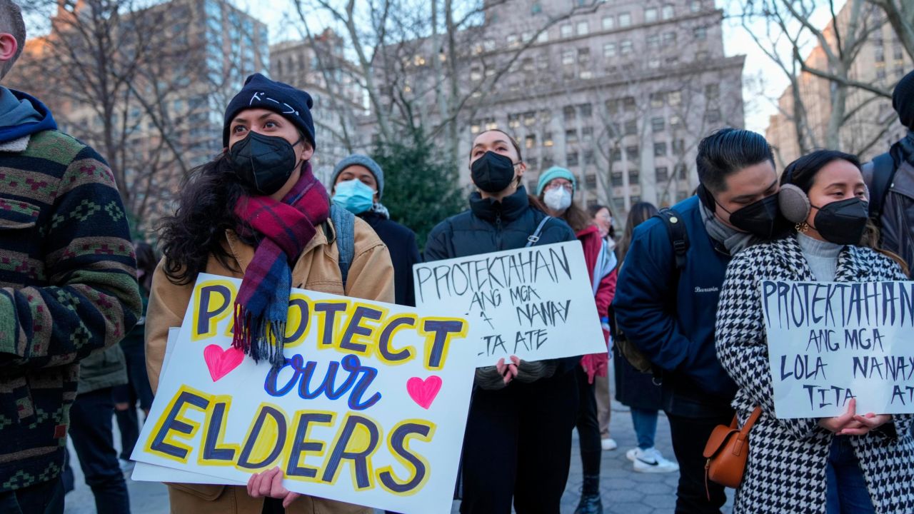 Filipino-Americans hold a rally against Asian-hate on March 30, 2022 in Foley Square, New York City, USA.