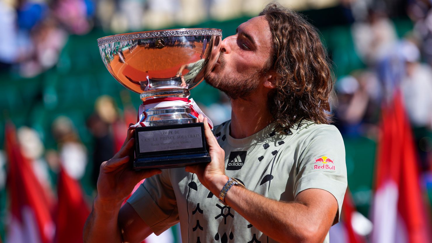 Stefanos Tsitsipas kisses his trophy after winning the Monte-Carlo Masters final against Spain's Alejandro Davidovich Fokina.