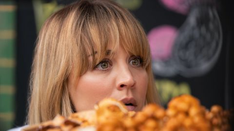 Kaley Cuoco is shown in a scene from season two of "The Flight Attendant."
