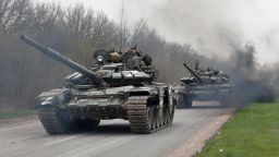 Tanks of pro-Russian troops drive along a road during Ukraine-Russia conflict near the southern port city of Mariupol, Ukraine April 17, 2022. REUTERS/Alexander Ermochenko