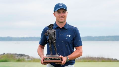 Jordan Spieth holds the trophy after winning the RBC Heritage.