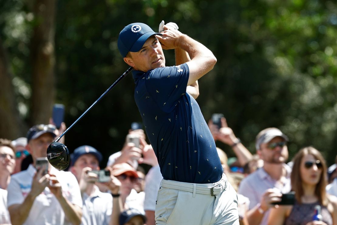 Spieth plays his shot from the ninth tee during the final round of the RBC Heritage.