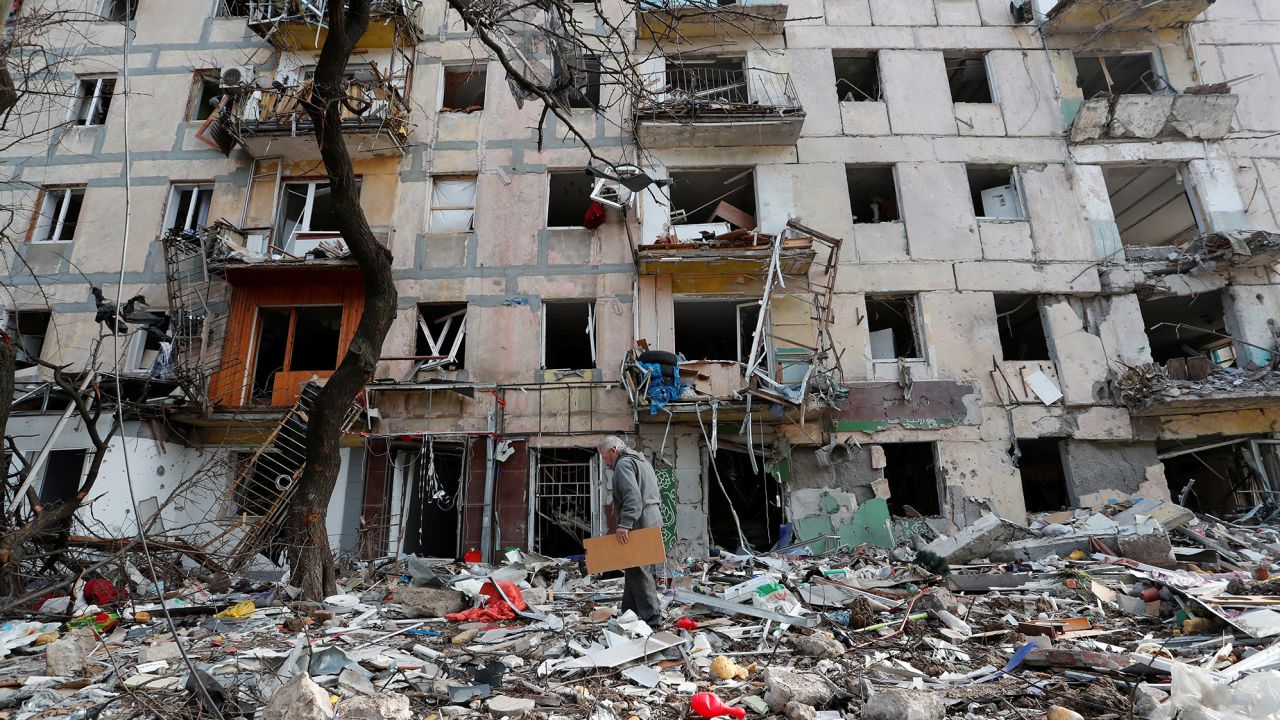 A destroyed residential building in Mariupol.