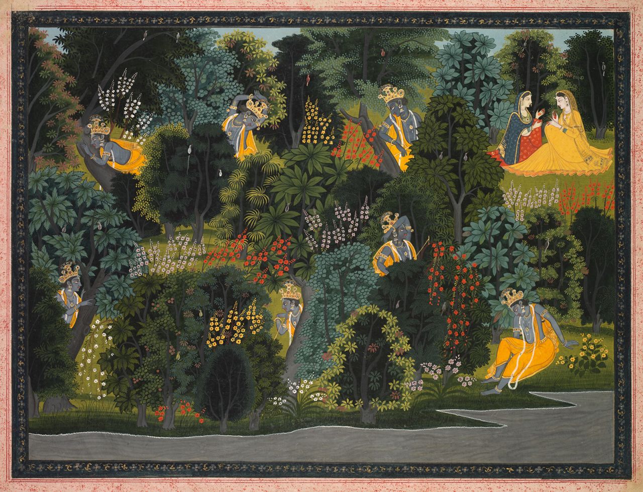 Religious and mythological art features widely, like this miniature painting illustrating a scene from the "Gita Govinda."