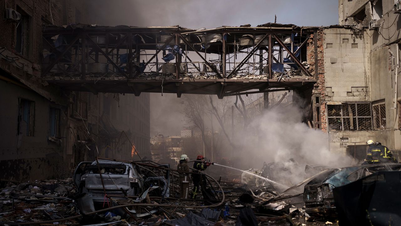 Frefighters at the scene after a Russian missile struck a restaurant partnered with the World Central Kitchen in the northeastern city of Kharkiv, Ukraine on Saturday April 16.