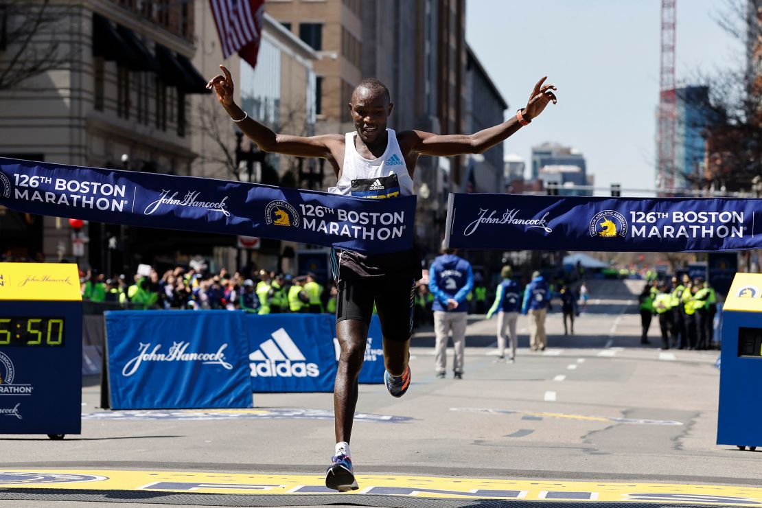 Chebet hits the tape to win the 126th Boston Marathon on April 18.