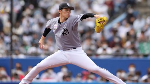 Roki Sasaki pitches during the Lotte Marines' match against the Hokkaido Nippon Ham Fighters.