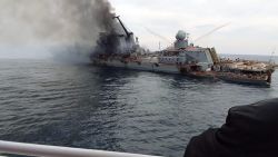 Images emerged early Monday, April 18,  on social media showing Russia's guided-missile cruiser, the Moskva, badly damaged and on fire in the hours before the ship sunk in the Black Sea on Thursday.