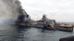 Images emerged early Monday, April 18,  on social media showing Russia's guided-missile cruiser, the Moskva, badly damaged and on fire in the hours before the ship sunk in the Black Sea on Thursday.