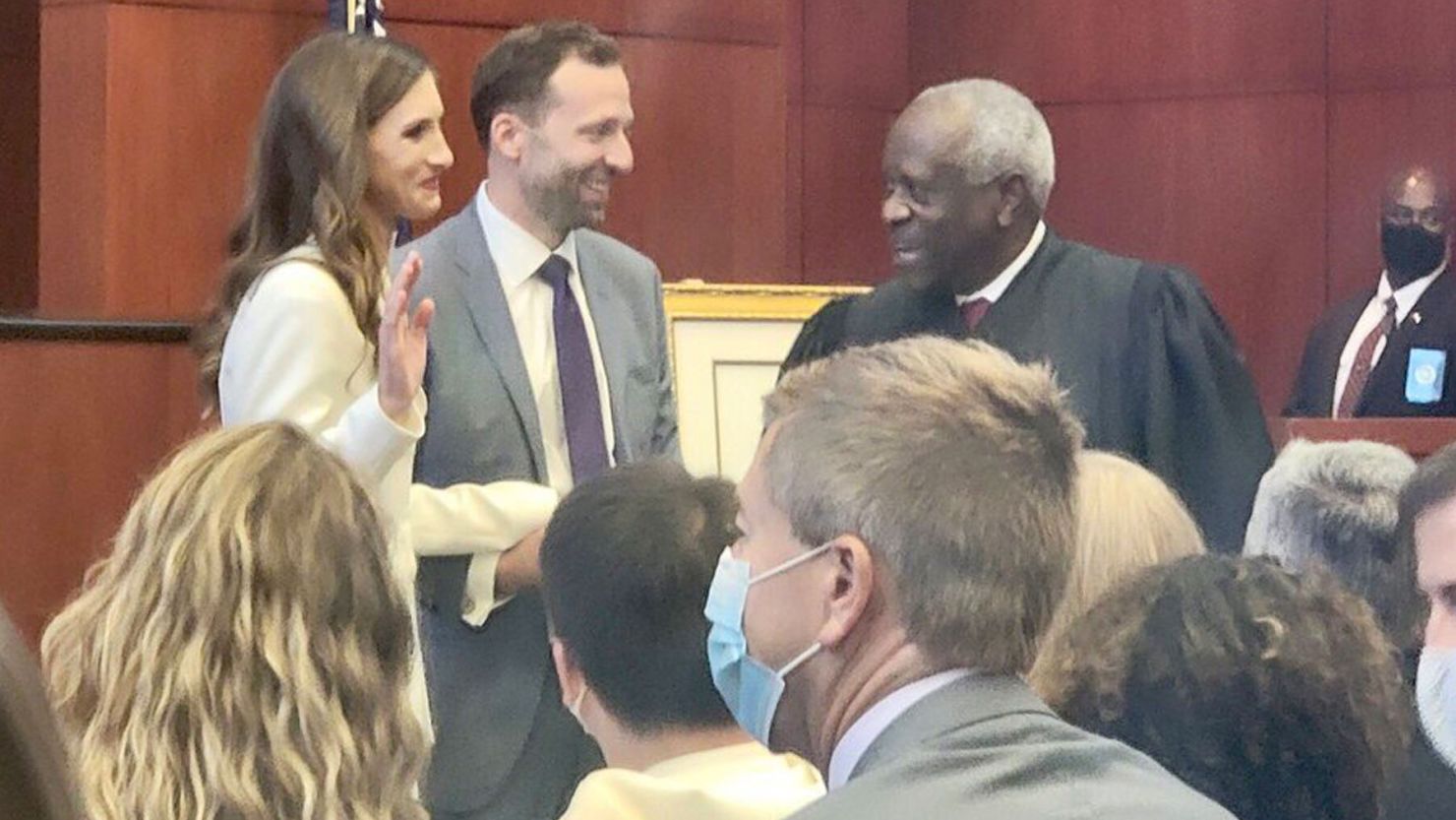 Judge Mizelle (left) and Justice Clarence Thomas. This photo was tweeted by Laura Rosenbury, dean of the University of Florida's Levin College of Law, in October 2021. 