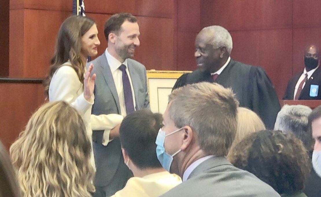 Judge Kathryn Kimball Mizelle sworn in by Justice Clarence Thomas, This photo was tweeted by Laura Rosenbury, dean of the University of Florida's Levin College of Law, in October 2021. 
