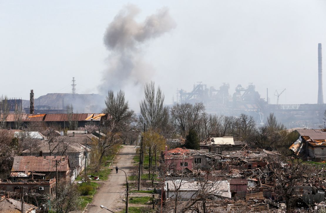 Smoke rises above the Azovstal steel plants in Mariupol on April 18, 2022.