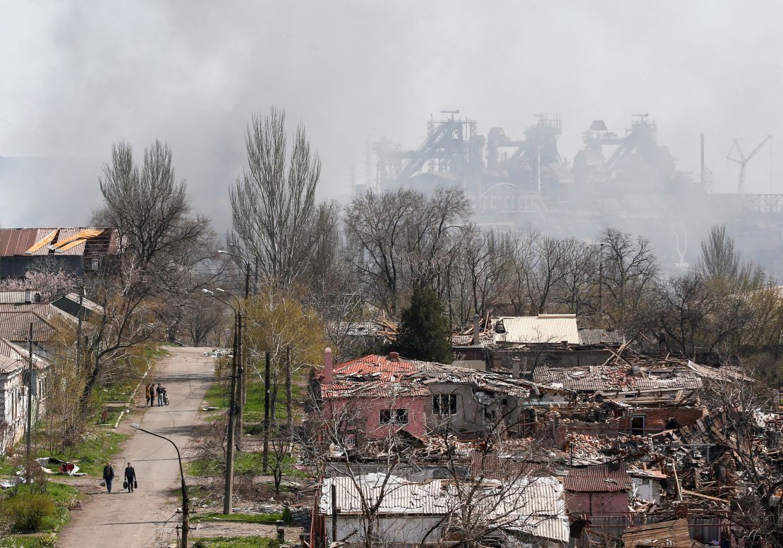 Smoke rises above the Azovstal plant as nearby buildings were flattened to the ground in Mariupol on April 18.