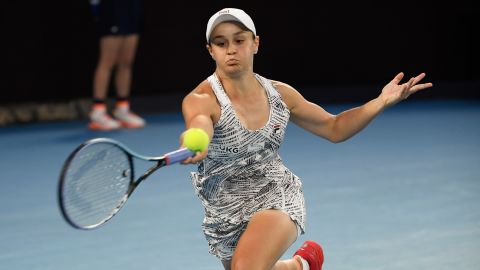 Barty plays a forehand return to Danielle Collins of the U.S during the women's singles final at the Australian Open tennis championships in Saturday, Jan. 29, 2022.
