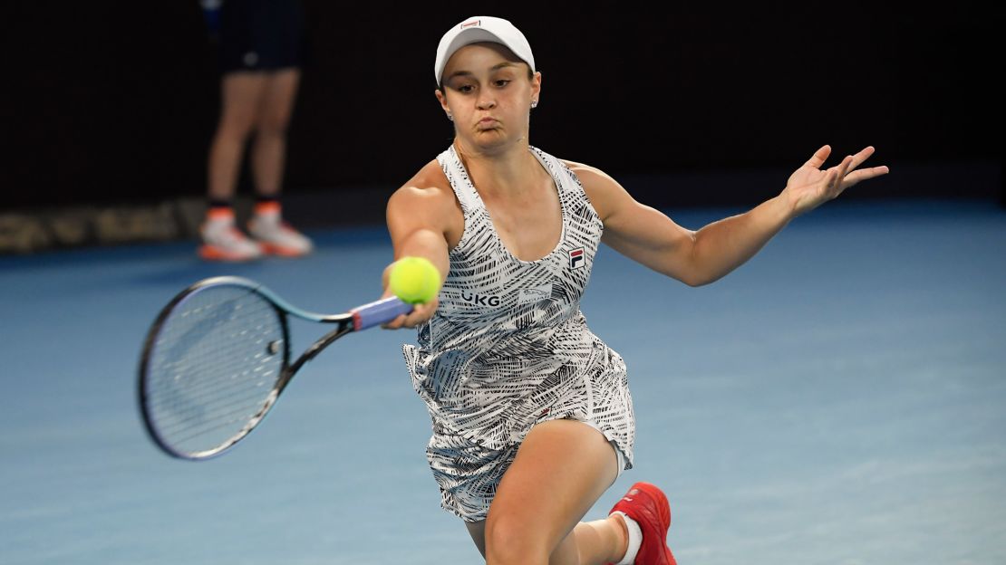 Barty plays a forehand return to Danielle Collins of the U.S during the women's singles final at the Australian Open tennis championships in Saturday, Jan. 29, 2022.