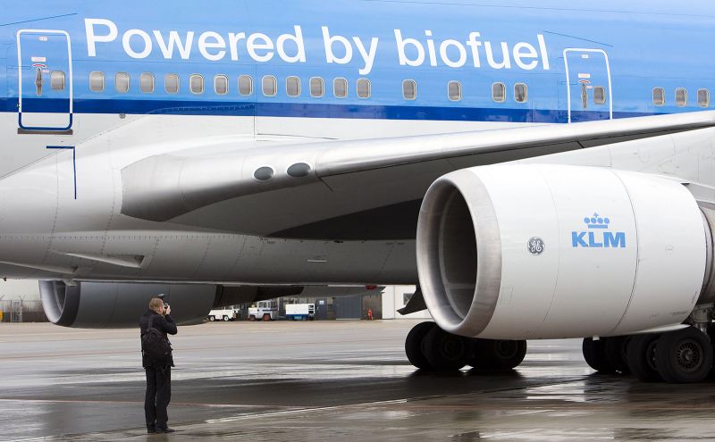 The KLM airplane which runs on biokerosene is seen at Schiphol airport, near Amsterdam, Netherlands, on November 23, 2009.  A Boeing 747, one of four engines powered by a 50-percent biokerosene mix, circled the Netherlands for an hour today in what airline KLM called the world's first passenger flight using biofuel. 