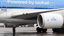 The KLM airplane which runs on biokerosene is seen at Schiphol airport, near Amsterdam, Netherlands, on November 23, 2009.  A Boeing 747, one of four engines powered by a 50-percent biokerosene mix, circled the Netherlands for an hour today in what airline KLM called the world's first passenger flight using biofuel. 