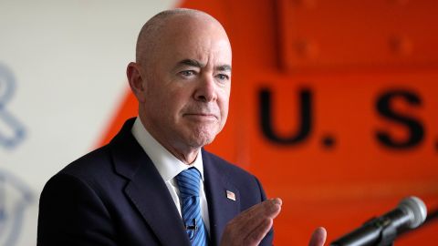 Homeland Security Secretary Alejandro Mayorkas is seen at an event with Department of Homeland Security employees at Coast Guard Air Station Miami, in Opa-locka, Florida. 