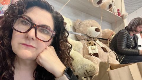 Colleen Thompson had to hunker down at a teddy-bear kiosk at a mall near Lviv, because of a rocket attack on a nearby target.