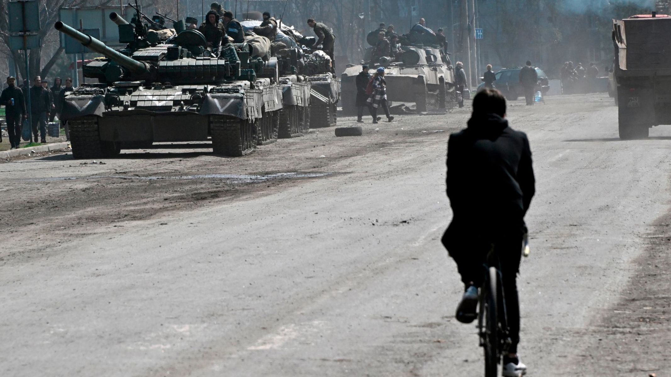 Russian forces are seen on the streets of Mariupol on April 15, 2022.