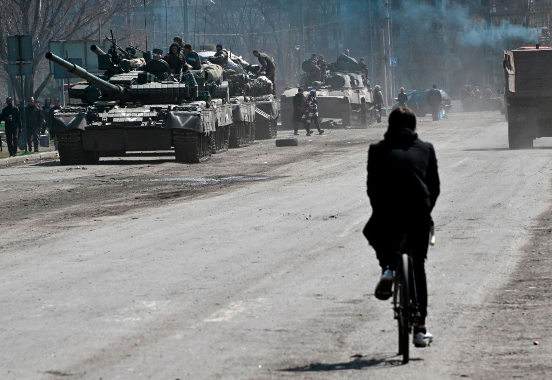Russian forces are seen on the streets of Mariupol on April 15, 2022.