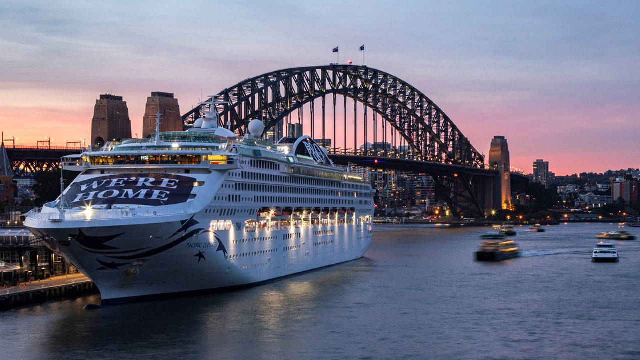 Cruise liner Pacific Explorer docks at Sydney Harbour, New South Wales, Australia, on April 18, 2022. For the first time in more than two years, an ocean liner was berthed in Sydney Harbor on Monday as the multi-billion-dollar cruise industry resumes business in Australia's state of New South Wales NSW. (Photo by Bai Xuefei/Xinhua via Getty Images)