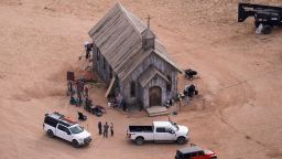 FILE - This aerial photo shows the Bonanza Creek Ranch in Santa Fe, N.M., on Oct. 23, 2021. Attorneys for the family of cinematographer Halyna Hutchins who was shot and killed on the set of the film "Rust" say they're suing Alec Baldwin and the movie's producers for wrongful death. (AP Photo/Jae C. Hong, File)