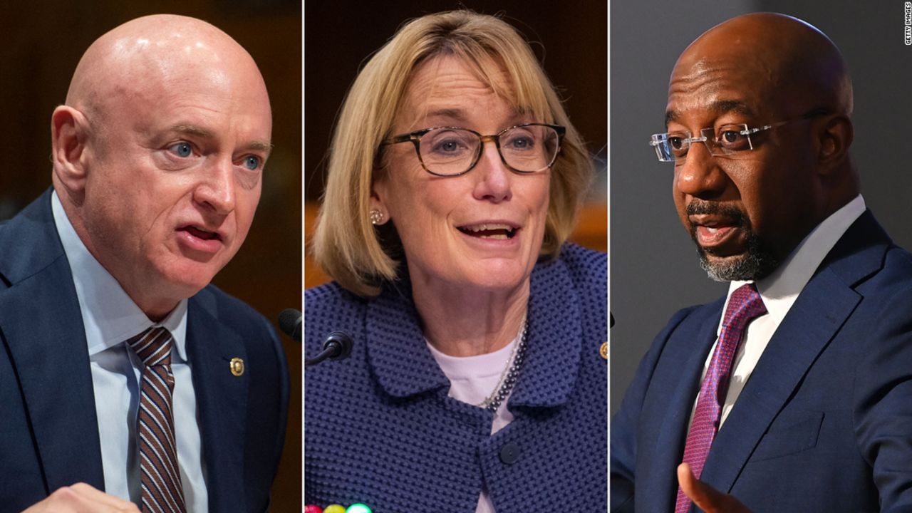From left to right, Sens. Mark Kelly of Arizona, Maggie Hassan of New Hampshire and Raphael Warnock of Georgia. These three Democrats are up for reelection this fall. 