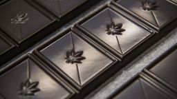 Cannabis-infused chocolate sits before being packaged at Kiva Confections headquarters in Oakland, California, in November 2016. 