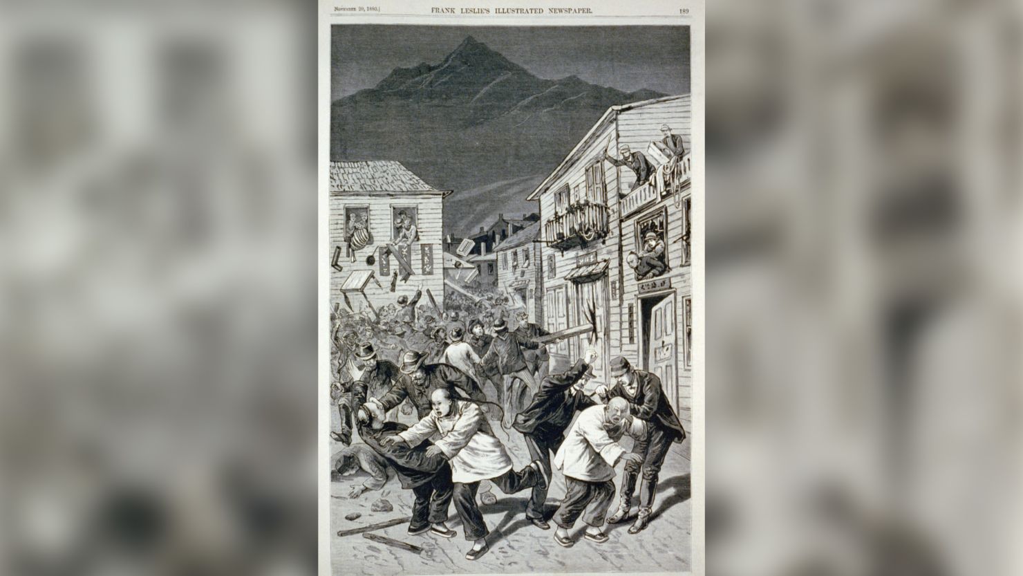 The anti-Chinese riot of October 31, 1880, in Denver is depicted in this wood engraving first published in November 1880 in Frank Leslie's Illustrated Newspaper. (Library of Congress)