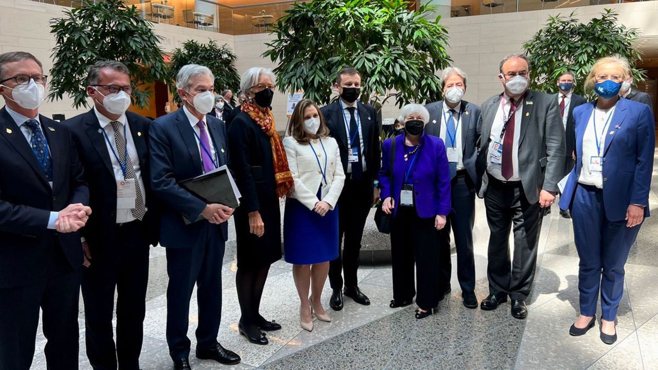 Chrystia Freeland, Canada's deputy prime minister and finance minister, tweeted this photo on Wednesday, April 20. "The world's democracies will not stand idly by in the face of continued Russian aggression and war crimes," she wrote. "Today Canada and a number of our democratic partners walked out of the G20 plenary when Russia sought to intervene."