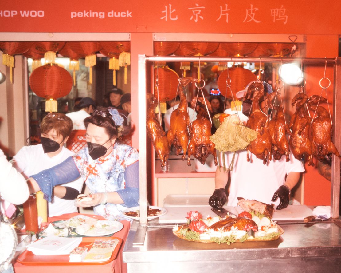 Delicacies at Fortune City's night market included traditional candied hawthorn berries on a stick, hand-pulled noodles and shaved ice.