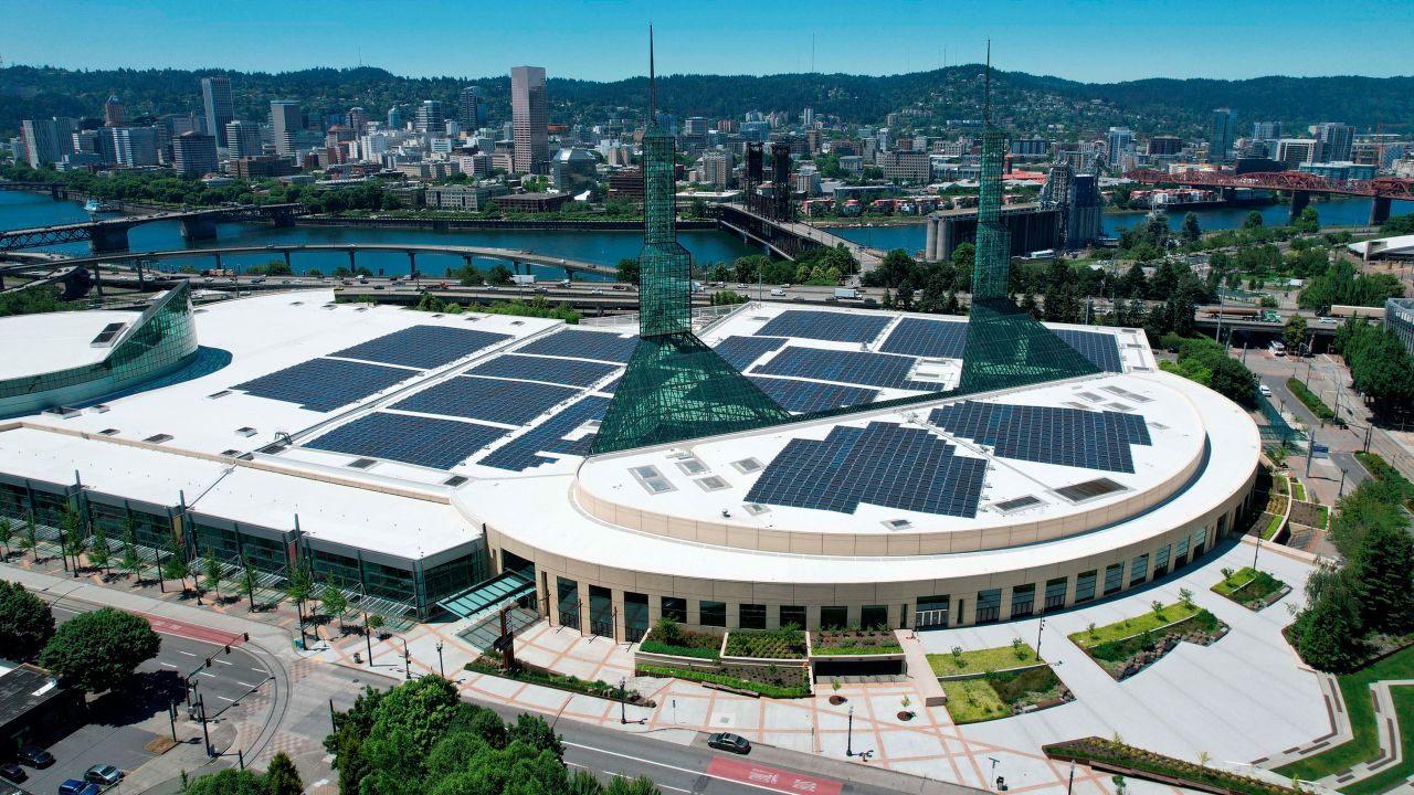 Solar panels on the roof of the Oregon Convention Center in Portland.