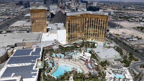 Solar panels on the roofs of buildings on the Las Vegas strip.