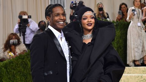 Singer Rihanna and rapper A$AP Rocky arrive for the 2021 Met Gala at the Metropolitan Museum of Art on September 13, 2021 in New York.