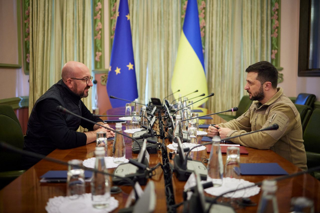 Ukrainian President Volodymyr Zelensky, right, speaks with European Council President Charles Michel during a meeting in Kyiv on April 20.  Zelensky says Russia waging war so Putin can stay in power &#8216;until the end of his life&#8217; 220421072002 02 ukr gallery update 042122