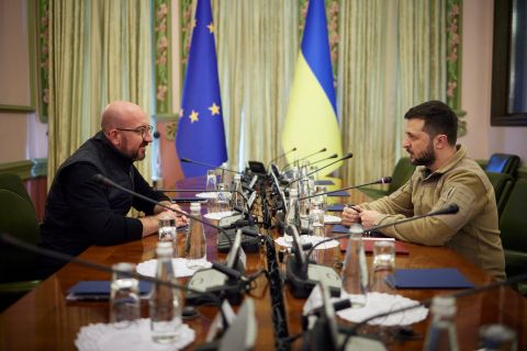 Ukrainian President Volodymyr Zelensky, right, speaks with European Council President Charles Michel during a meeting in Kyiv on April 20.